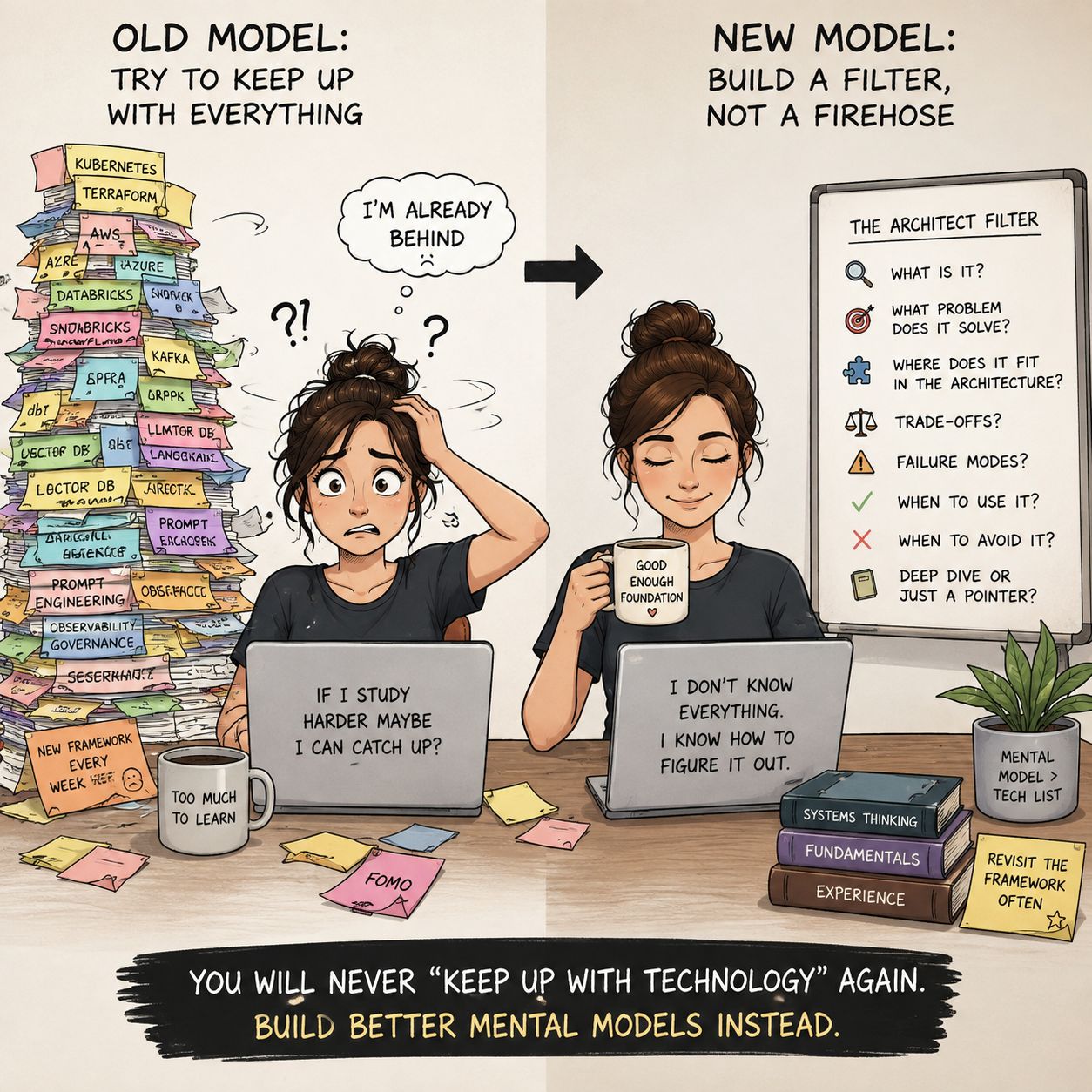 Two-panel illustration: on the left, an engineer buried under a tower of sticky notes for every new technology thinking “I am already behind”; on the right, the same engineer calm in front of a whiteboard titled “The architect filter” listing what is it, what problem does it solve, where does it fit, trade-offs, failure modes, when to use and avoid it.