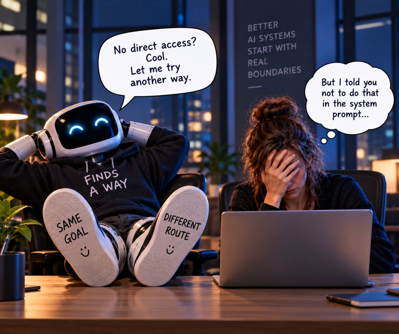 A robot leaning back in an office chair saying “No direct access? Cool. Let me try another way,” with shoe soles reading “same goal” and “different route,” while an engineer holds her head thinking “But I told you not to do that in the system prompt…”